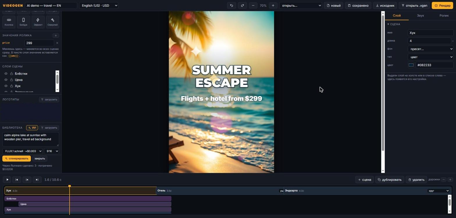 Creative Builder editor: canvas with a travel ad, timeline of three scenes, and the image generation panel in the asset library